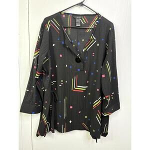 Ali Miles Top Womens 1X Popover Crinkle Geometric Colorful Tie Sides Lightweight